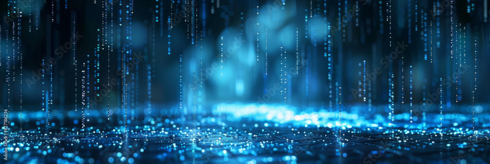 Poster blue rain of digital code, light and shadow background, futuristic digital data visualization backgr