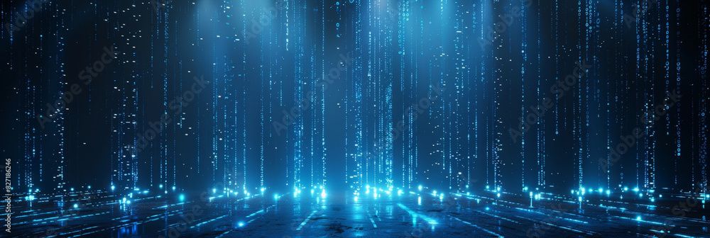 Poster blue rain of digital code, light and shadow background, futuristic digital data visualization backgr