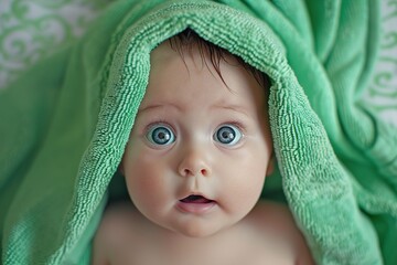 Adorable Baby Wrapped in Green Towel