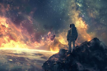 Astronaut standing on a cliff gazing at a colorful cosmic landscape filled with stars and nebulae, symbolizing exploration and adventure.