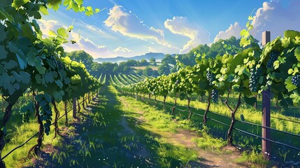 Naklejka premium Beautiful vineyard with lush green grapevines and a scenic landscape under a bright, sunny sky, ideal for agriculture and wine production.