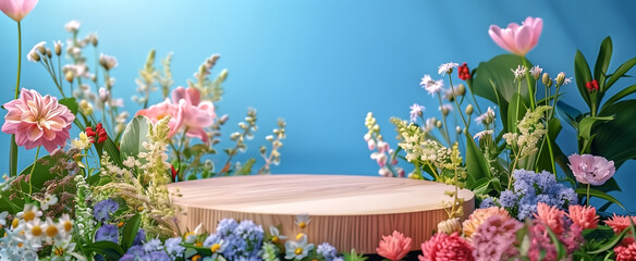 Product presentation with a wooden podium set amidst a lush spri