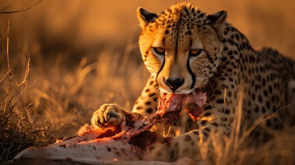 cheetah is eating meat in the wild in the sunset blurred background.