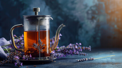 Lavender tea in french press on dark background. Copy space