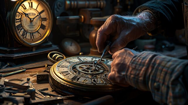 Close-up of a skilled craftsperson repairing a vintage clock, surrounded by tools on a wooden workbench, showcasing precision and craftsmanship.