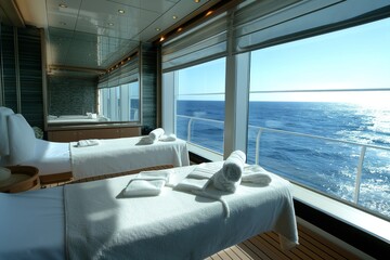 Relaxing spa setting on a cruise ship with massage tables overlooking the boundless ocean under a...