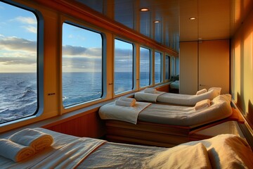 Plakat Luxurious cruise ship spa room with panoramic sea views at sunset, offering a perfect rejuvenating retreat for passengers on the ocean