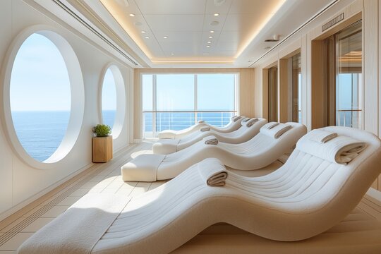 Serene spa lounge on a cruise ship featuring modern loungers and panoramic ocean views through large porthole windows