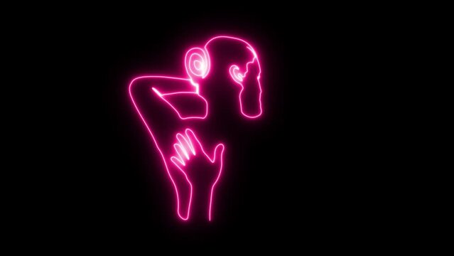 Self drawing animation one continuous line draw, logo,neon pink luminous sign , back massage in the style of one line art. logo of the spa,massage salon