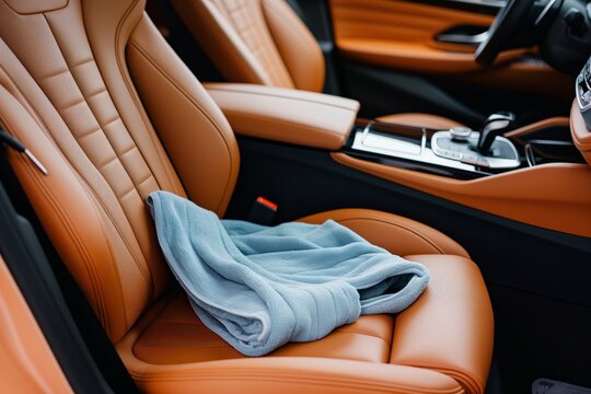 Closeup photo of a microfiber cloth on a pristine, conditioned leather car seat, showcasing regular vehicle interior maintenance