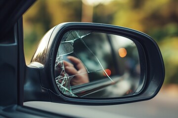 Closeup photo of a persons hands fixing a shattered side mirror on a vehicle, captured during an auto repair process - Powered by Adobe