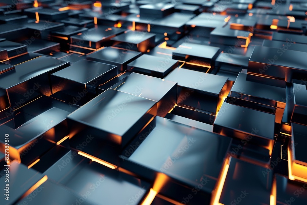 Poster illustrate a digital cg 3d render showcasing sharp, precise geometric patterns reflecting a modern a