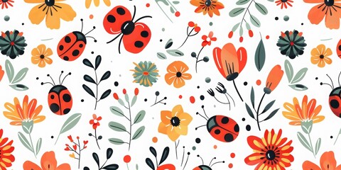 graphic seamless pattern of cute ladybugs and flowers in retro colors, simple shapes, colorful, flat vector graphics on a white background