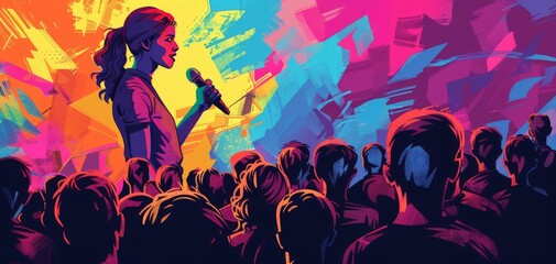 Illustrate a dynamic and inspirational keynote speaker addressing a diverse crowd, using vibrant colors and bold typography for a motivational poster, in a digital art style