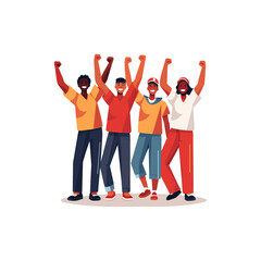 Fans celebrate sport victory. Happy friends raised their hands and shouted goal. Concept of victory, luck and achievement. Illustration flat style