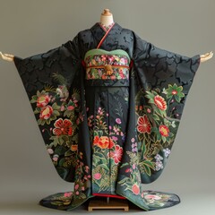 A woman wearing a kimono with floral embroidery