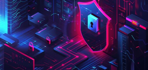 Illustrate a dynamic identity theft protection concept with a shield symbol, lock and key elements, and a secure digital vault in a modern and polished style