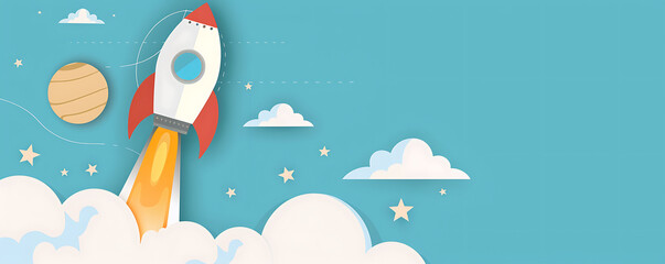 Idea flying rocket Flat lay llustration background concept with copy space for text presentation business.