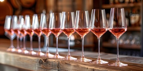 Arrangement of Pink Wine Glasses on a Wooden Bar. Concept Event Decor, Bar Arrangement, Pink Glassware, Wine Presentation, Wooden Setting - Powered by Adobe