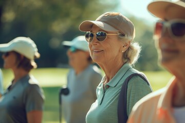 Content retired woman playing golf with her friends, basking in the warm glow of a sunlit day on the green