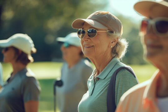 Content retired woman playing golf with her friends, basking in the warm glow of a sunlit day on the green