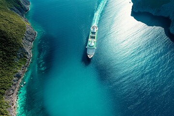 Drone capture of a luxurious cruise ship navigating the calm turquoise sea between towering cliff...