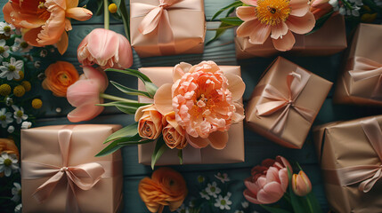 Spring bouquet and gift boxes with a congratulatory message