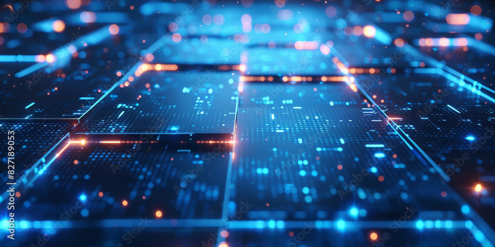 Poster futuristic digital landscape with interconnected glowing data blocks and floating particles in a dyn