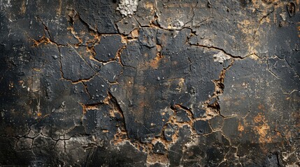 Textured ancient concrete wall with cracks and imperfections A dark and rough background with a wide panoramic view ideal for design purposes