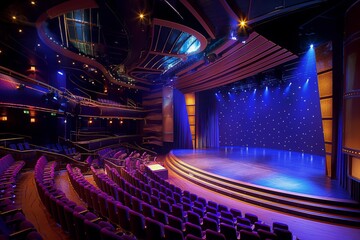 Elegant and spacious cruise ship entertainment theater with empty seats and a beautifully lit stage ready for a performance