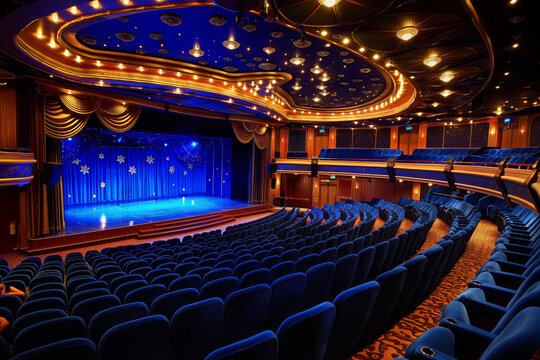 Elegantly appointed cruise ship theater with starry backdrop and plush blue seating awaits an evening of entertainment at sea