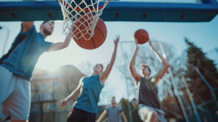 Group of friends playing basketball in outdoor court