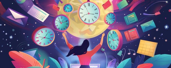 Illustrate a person juggling various clock dials, calendars, and laptop screens, showcasing flexibility and efficiency in managing time, in a whimsical and colorful 2D art style