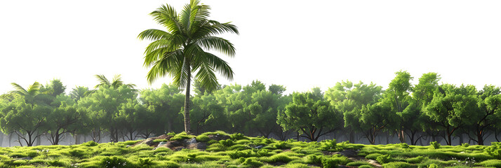 Coconut Tree and Grassland Isolated on White,
Row of palm trees on a sandy beach on white transparent background 3d rendering illustration
