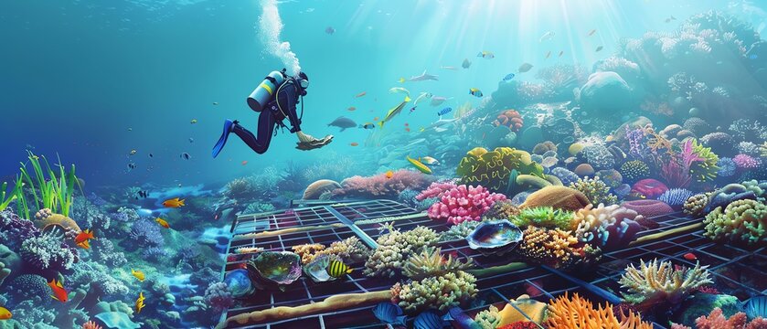 Scuba diver exploring vibrant coral reef with diverse marine life under crystal clear water, showcasing underwater adventure and biodiversity.