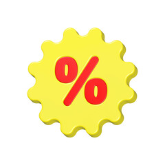Shopping price tag 3d, discount coupon with percent symbol. Online shopping, discount offer, sales, promotion yellow color