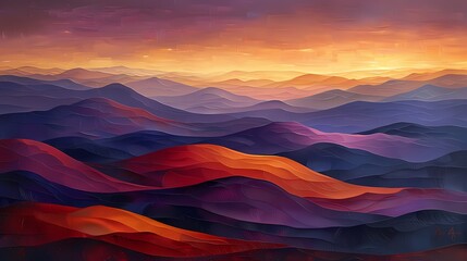 A serene landscape of rolling hills under a sky painted in soft, gentle hues of orange and purple