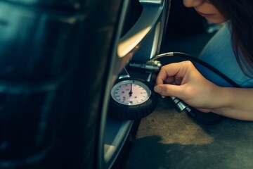 Measuring pressure in a car tire. Close up of a woman using compressor to inflate car tire