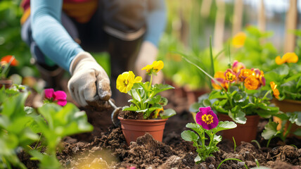The gardener is planting flowers in the garden, selective focus in nature