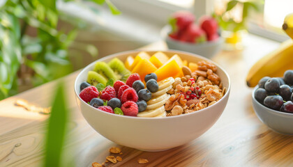 Healthy breakfast bowl with fresh fruits and nuts on a wooden table, natural light, minimalist setting, realistic photography, high resolution, wellness and balance