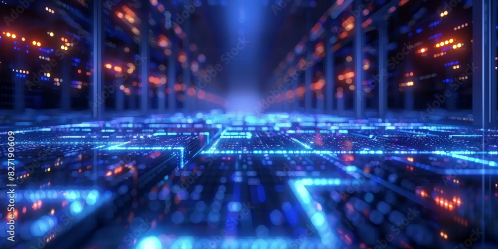 Poster futuristic digital network with interconnected glowing lines and nodes in a dynamic blue and orange 