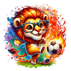 Cute lion kick on football with fire transparent PNG sublimation