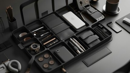 Illustrate a tech accessories organizer with a minimalist, futuristic vibe, featuring a mix of compartments and slots for various tech essentials
