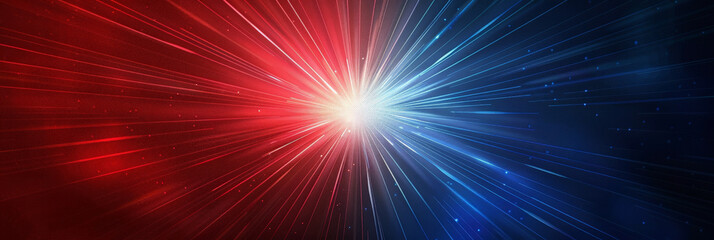 Fototapeta premium Radiant burst of red and blue light rays converging at a central point creating a vibrant and dynamic visual effect against a dark background 