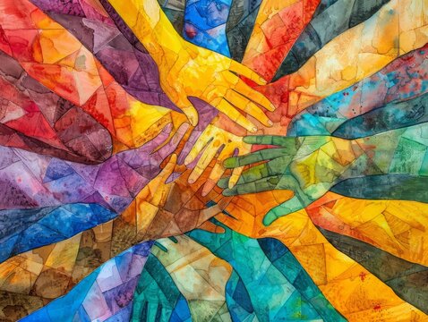Illustrate a vibrant mosaic of diverse hands intertwined, symbolizing unity and teamwork, in a watercolor style