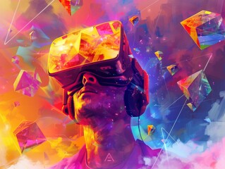 Illustrate a virtual reality headset with a user immersed in an otherworldly adventure, surrounded by vibrant, pulsating colors and floating geometric shapes