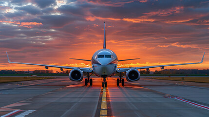 Aircraft taxiing on the runway during a colorful sunset