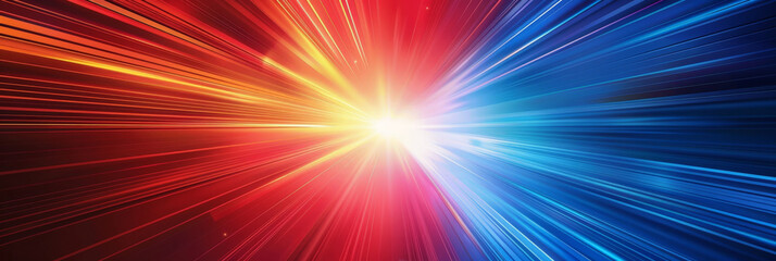 Obraz premium Radiant burst of red and blue light rays converging at a central point creating a vibrant and dynamic visual effect against a dark background 