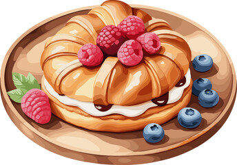 Watercolor delicious stuffed croissants and berry fruits, isolated food clipart for quick breakfast idea, recipe, bakery, brunch, children, nutrients, homemade pastry, carb, cream, calories