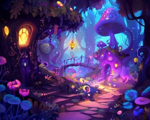 Fototapeta premium Illustrate a whimsical and vibrant avatar in a lush, fantastical game environment, blending digital artistry with a touch of hand-drawn charm